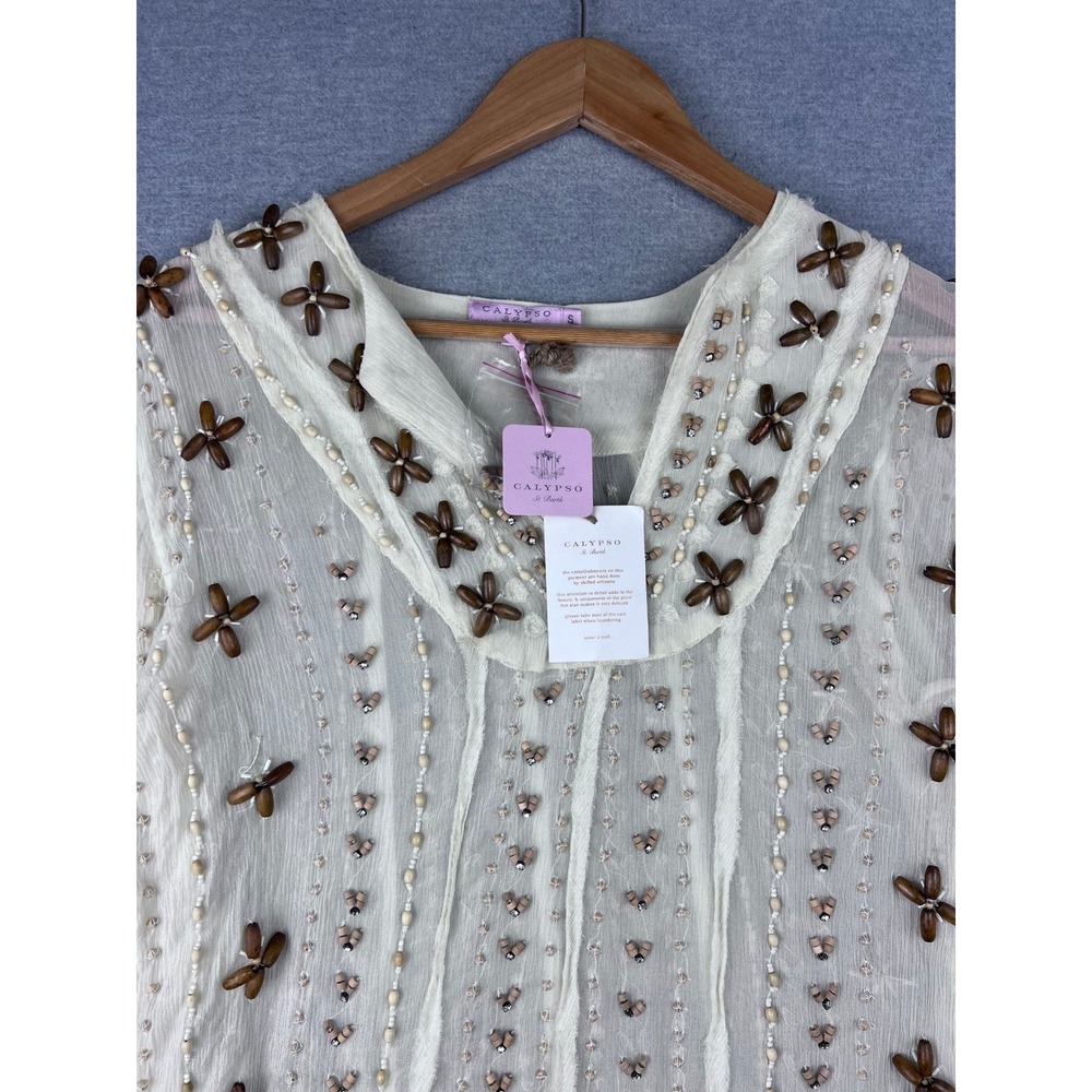 Calypso St Barth Wood Bead Tunic Ivory Sheer Embellished Boho Top Small NEW